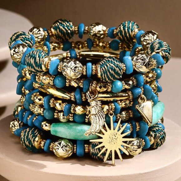 Aqua Blue & Golden Boho Chic Multi Layered Stretch Bracelet w Golden Sun Charm - Picture 1 of 3